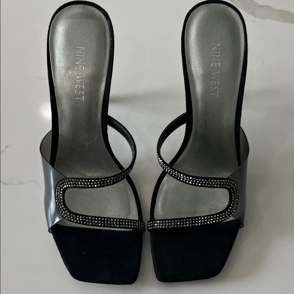 Nine West Black and Silver Rhinestone Slide Heels